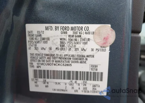 2012 Ford Escape Xlt z USA, uszkodzony, nr VIN 1FMCU9D74CKC52805